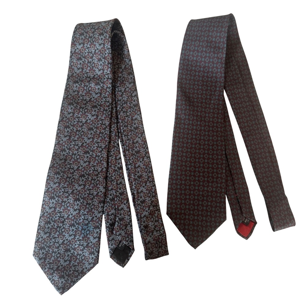 Lanvin Paris Silk Tie Set Bundle 2 Floral Geometric Grey Burgundy Made in Italy